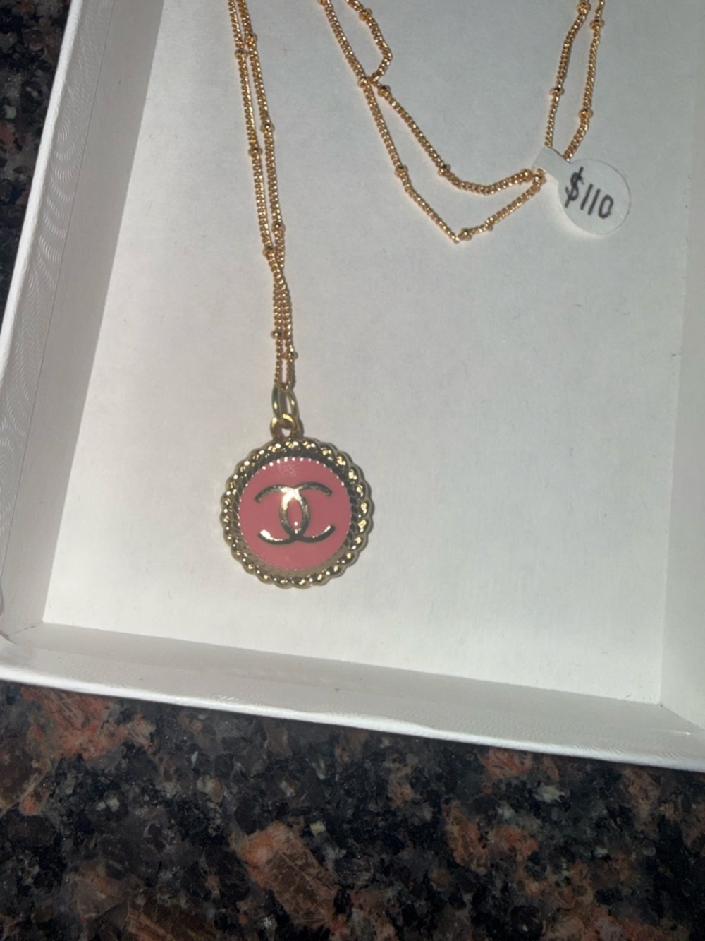 CHANEL Gold-Tone Chain Necklace with Pink Enamel CC Medallion